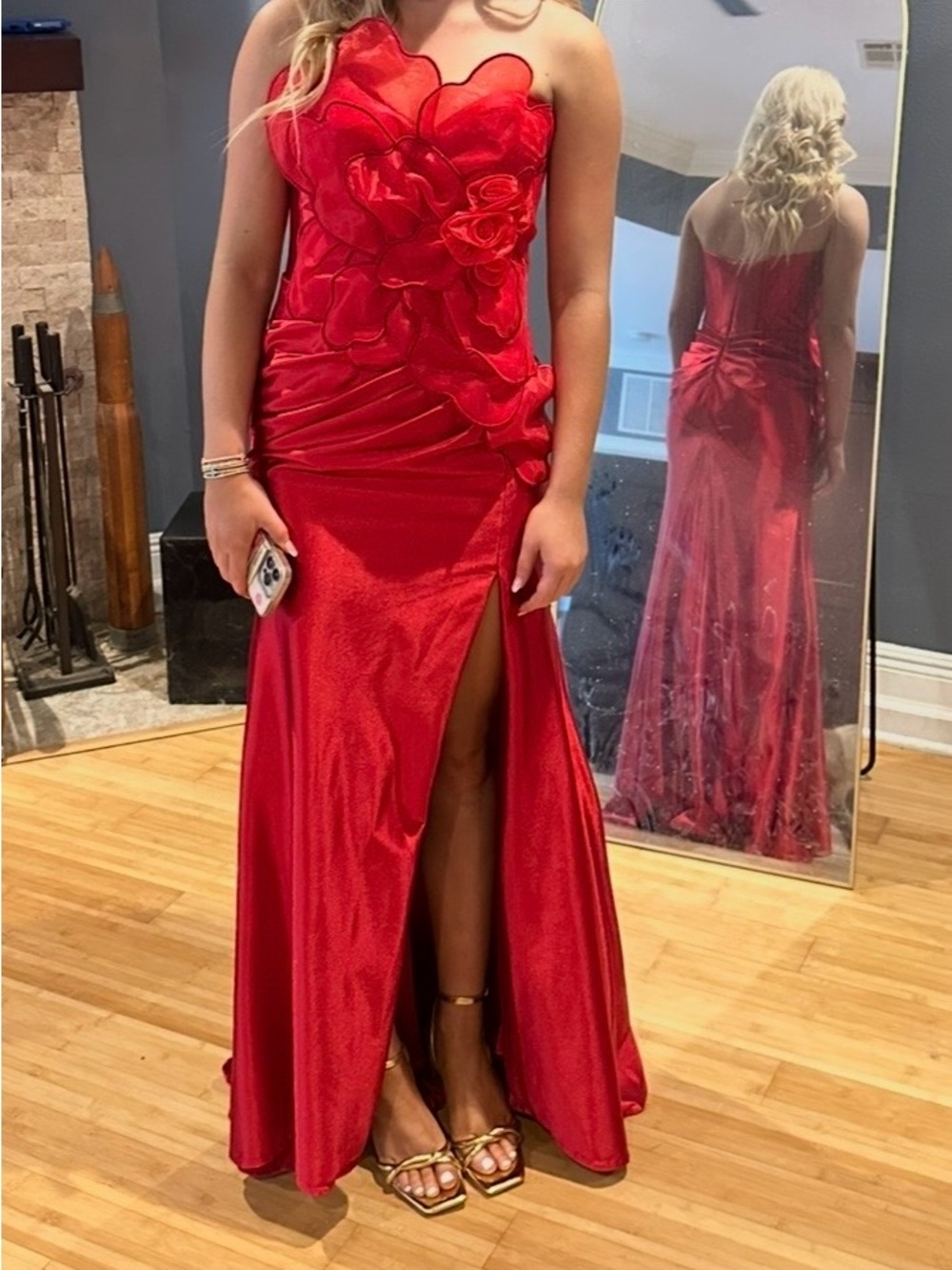 Sherri Hill Strapless Red Floral-Appliqué Evening Gown